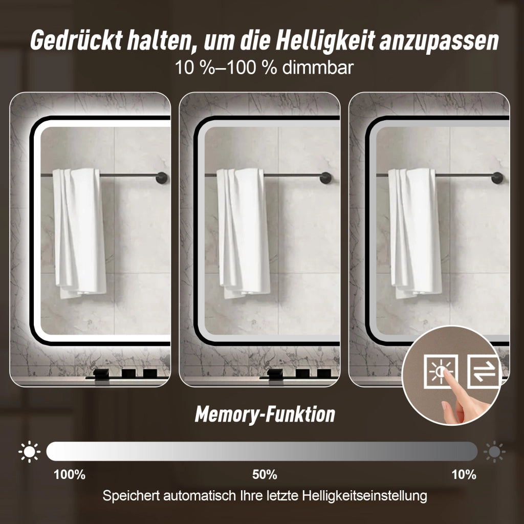 Specchio luminoso da bagno con luce frontale e posteriore antiappannamento 3 colori memoria nero 70 × 90 cm