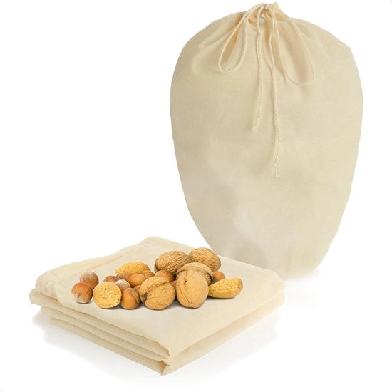 Tre 3x Sacchetti a cotone per latte di noci - Set di setacci e filtri per la preparazione di latte di noci, succhi e smoothie (con forma a imbuto)