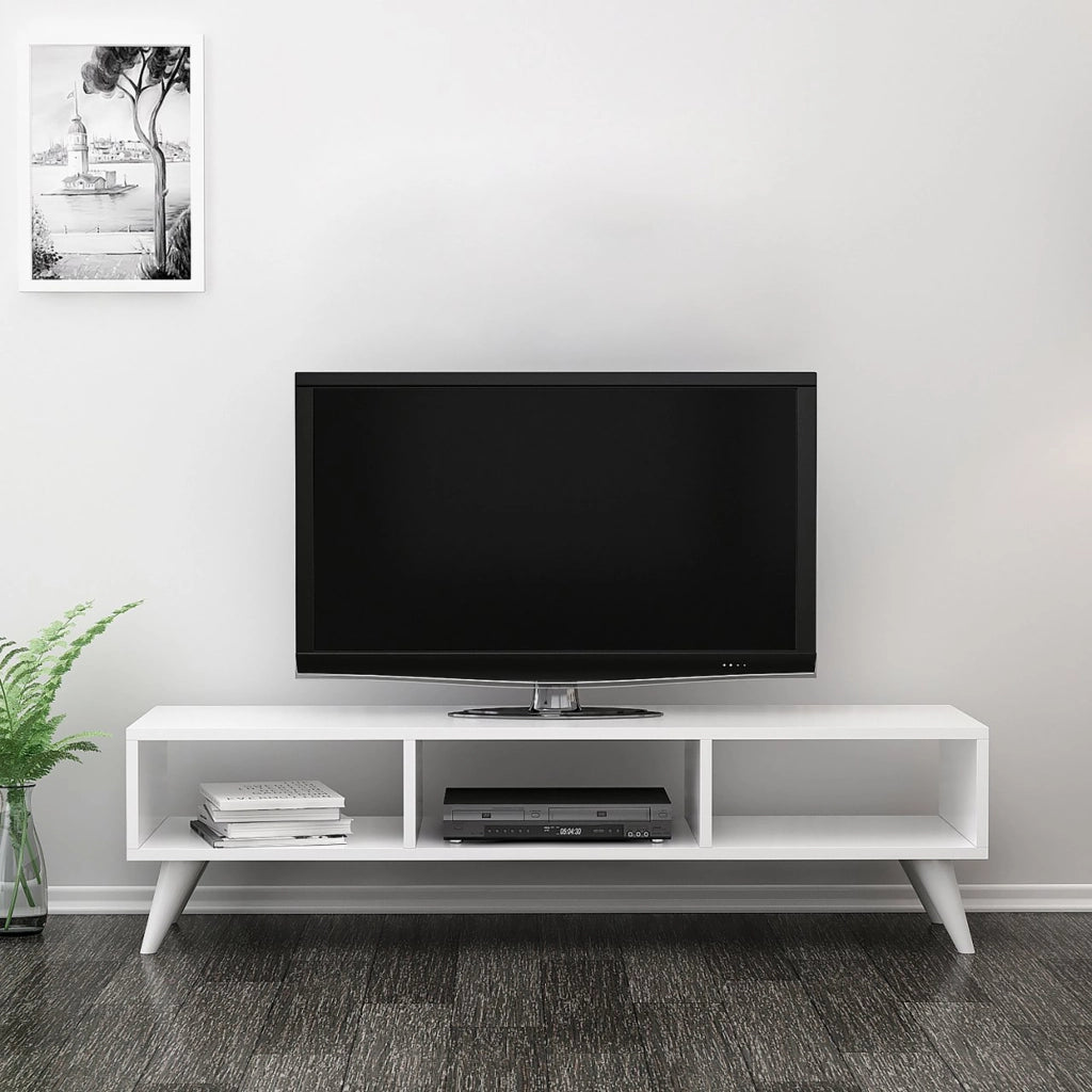 Mobile Porta TV 'Aaskov' - Larghezza 120 cm - Consolle Basso a 3 Scomparti Aperti - Bianco [en.casa]