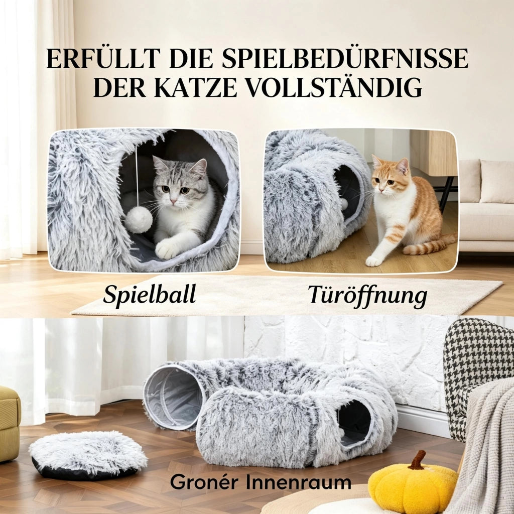 Tunnel per gatti da interno combinato con cuccia a forma di ciambella e cuscino rotondo rimovibile e lavabile.