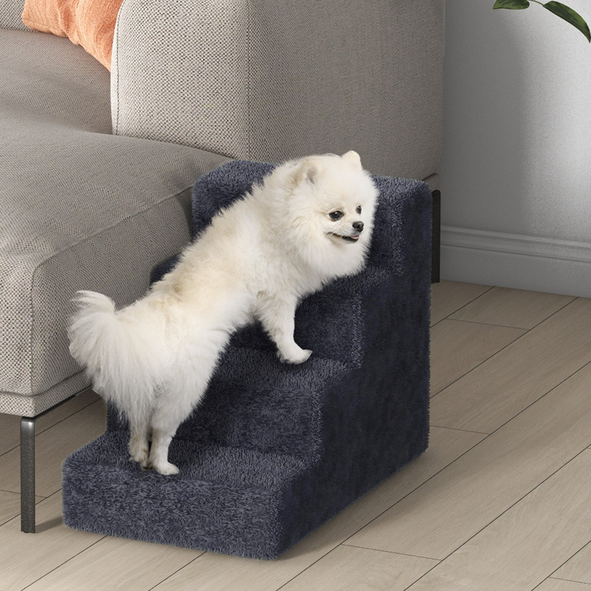 Scaletta per Cani Portatile a 4 Gradini 60x35x44 cm in Tessuto Vellutato Sfoderabile e Legno Grigio Scuro