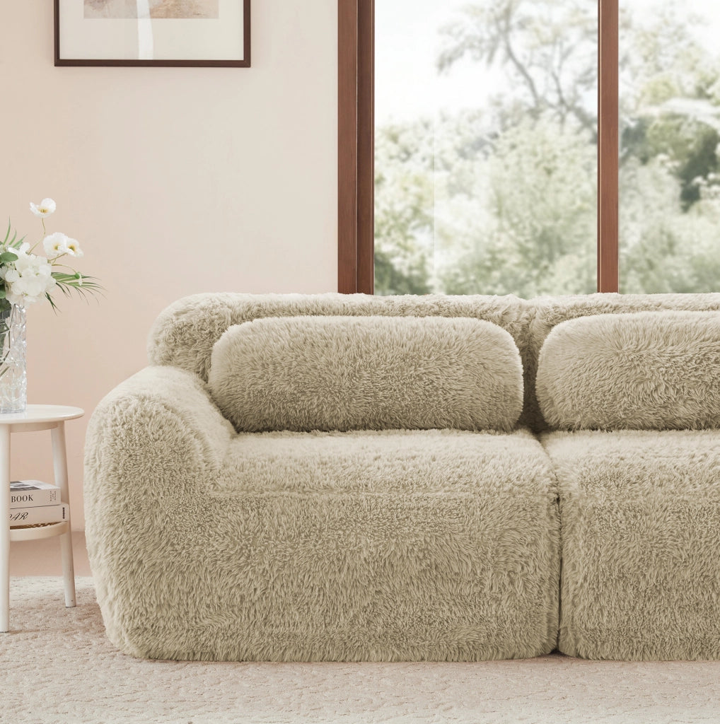 Divano modulare angolare 291x104x73 cm in tessuto peluche; base antiscivolo; cachi chiaro