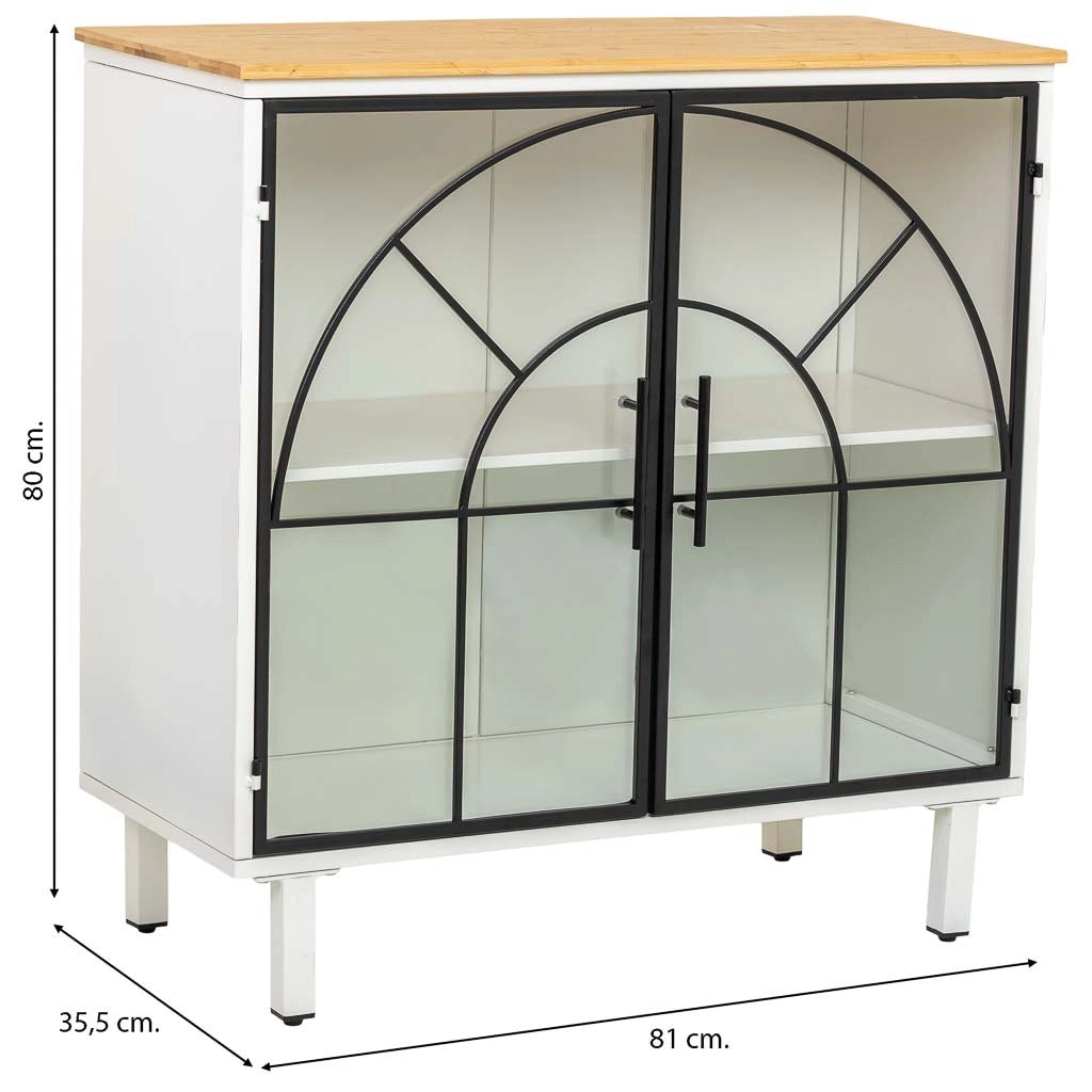 Credenza in vetro, metallo e legno, 2 ante, bianco81x35,5x80h cm