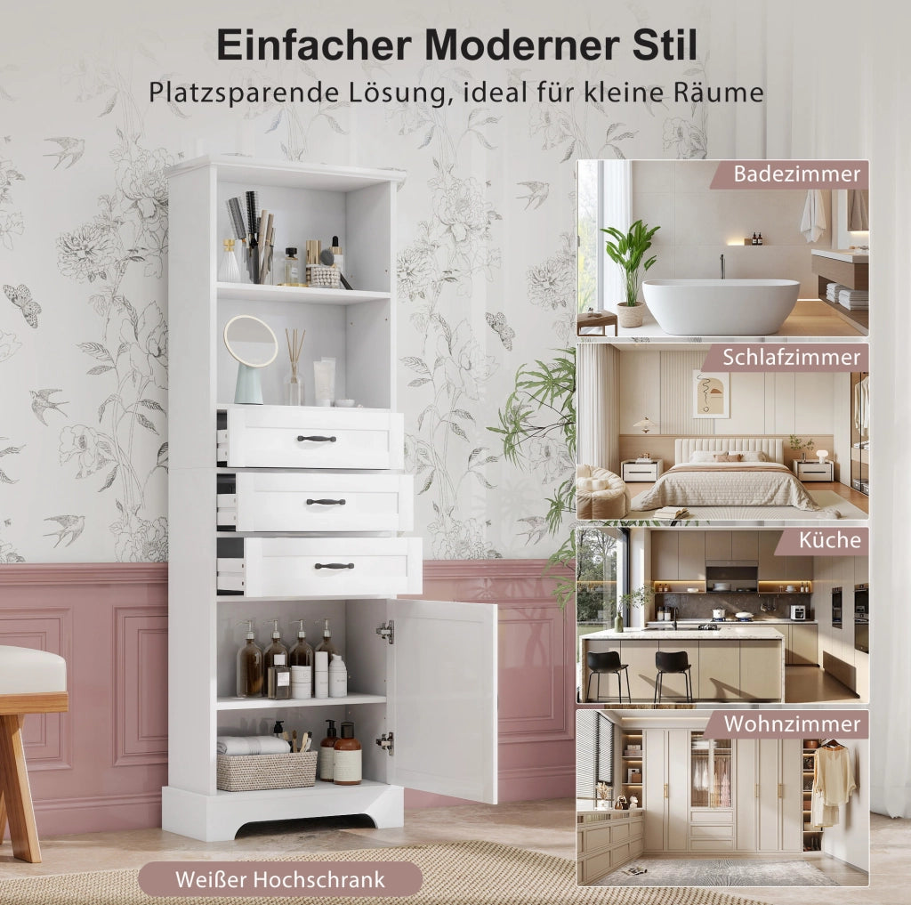 Mobile bagno alto in MDF bianco con 3 cassetti e ripiani