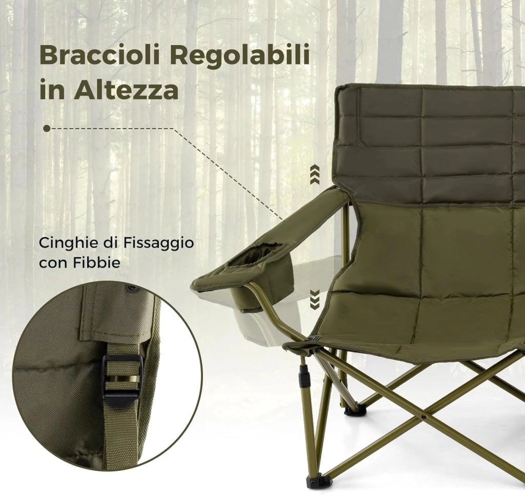 Sedia da Campeggio per 2/3 Persone, Divano per Picnic Pieghevole con Braccioli Regolabili e Portabicchieri, Sedia da Esterno Portatile con Borsa da Trasporto (147 x 69 x 82 cm,Verde)