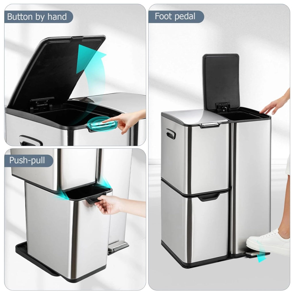 Pattumiera a 3 scomparti, sistema di raccolta differenziata da 60 l (30 + 17 + 13 L) con coperchio Softclose, pattumiera da cucina in acciaio inox, metallo, secchio interno rimovibile con