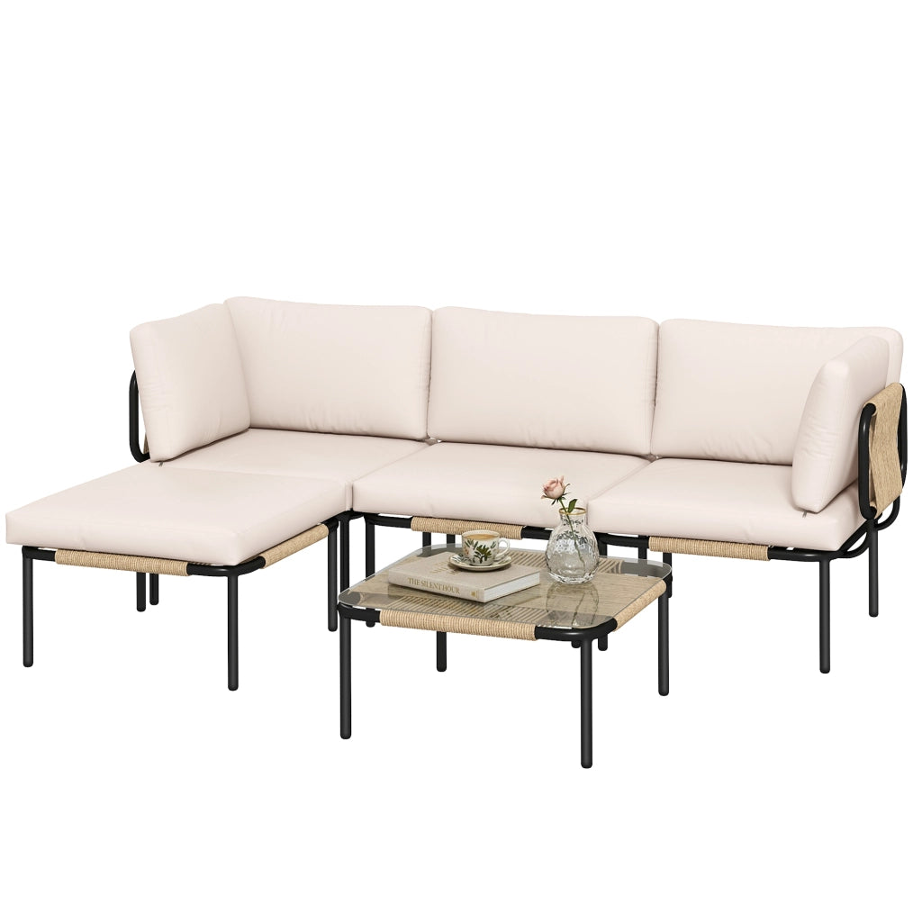 Set Divano da Giardino Polyrattan 5 Pezzi ¨C Zephmum ¨C Grigio con Tavolino Vetro e Cuscini