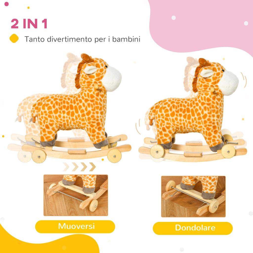 Cavallo a Dondolo Giraffa con Ruote e Suoni ¨C zephmum ¨C Giallo Legno 63x38x63cm