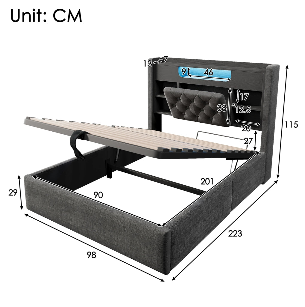 Letto imbottito ULEVR 90x200 cm con contenitore idraulico, LED, USB e Type-C, testiera con ripiani, grigio