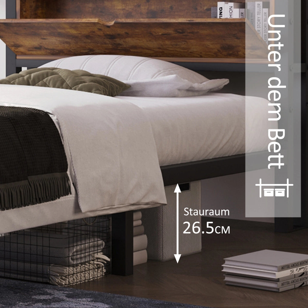 LETTO 90x200 cm in metallo e legno con testiera contenitore, naturale