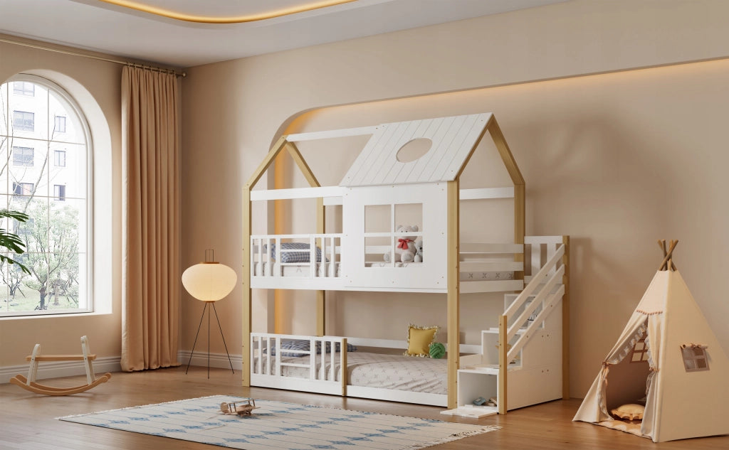 Letto a castello - Xylo - 90x200cm - Bianco+Natural - Pino+MDF