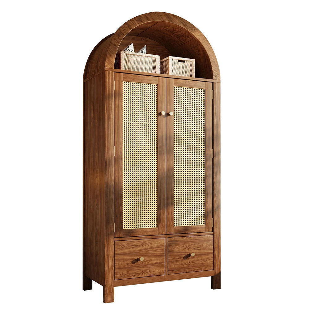 Armadio per soggiorno - Xylo - 181x78x45 cm - Aspetto noce - Tressatura in rattan, 2 ante magnetiche, 2 cassetti