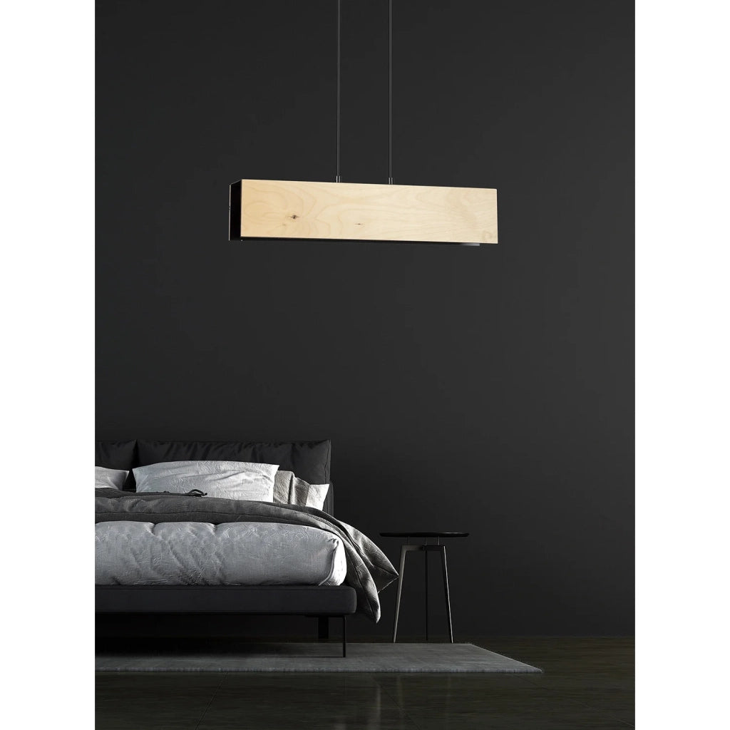 Lampadario 2 Luci Merlino In Acciaio Nero Corpo Rettangolare E Legno Naturale