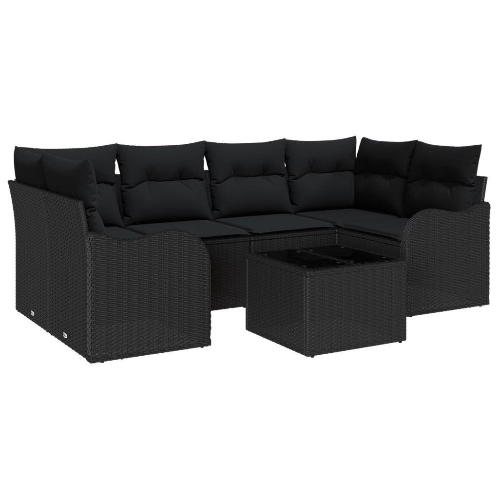 Set Divano da Giardino 7 Pezzi con Cuscini Nero Polyrattan