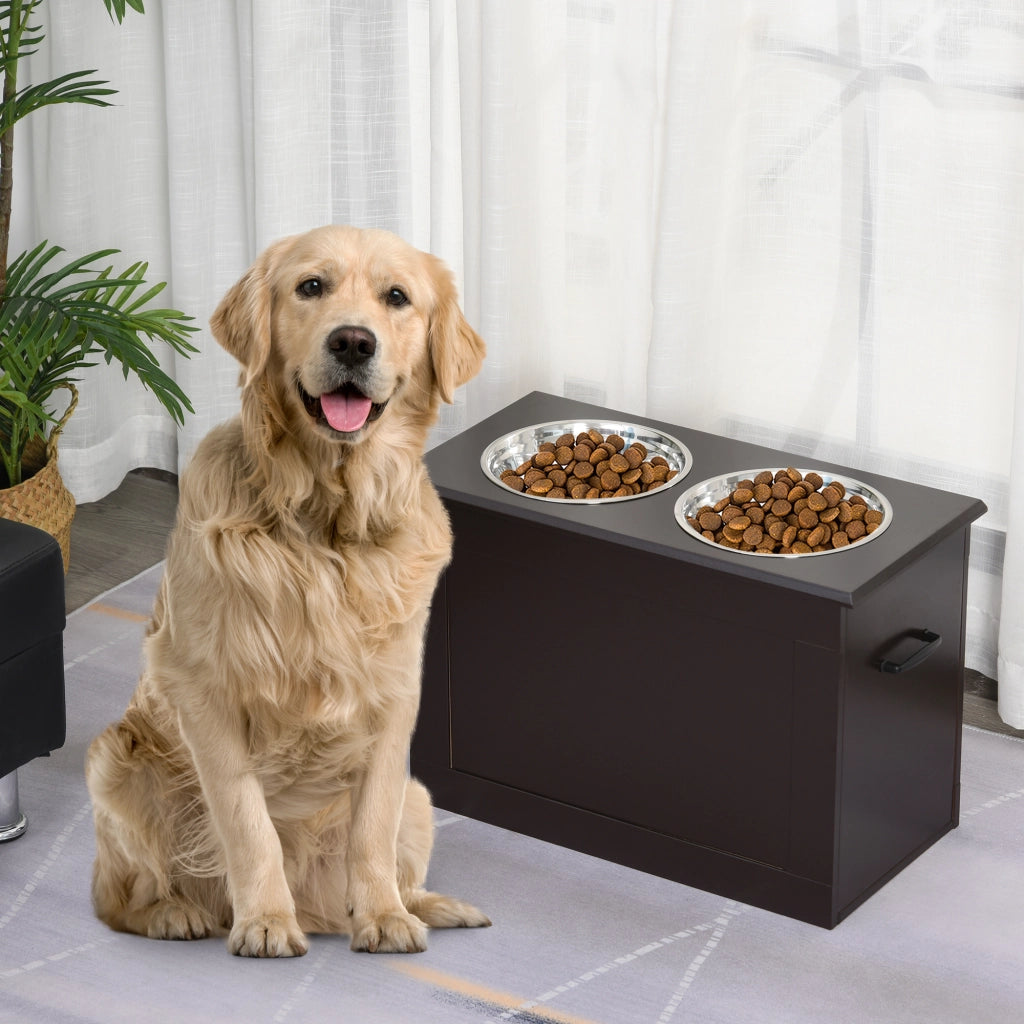 Scaffale rialzato con due ciotole e vano nascosto per cani grandi e anziani con maniglia laterale in MDF marrone 60 × 30 × 41 cm