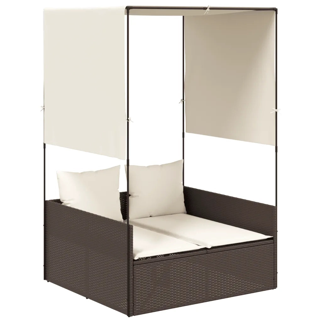 Lettino Prendisole | Sdraio da giardino | Lettino da sole con Tetto e Tende Marrone in Polyrattan