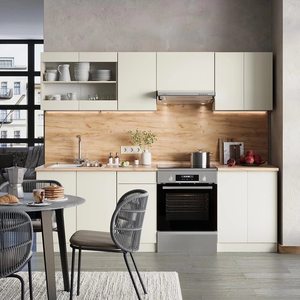 Mobile da cucina R-Line, Beige, 240 cm, PL Rovere, con moduli posizionabili variabilmente e piedini regolabili in altezza