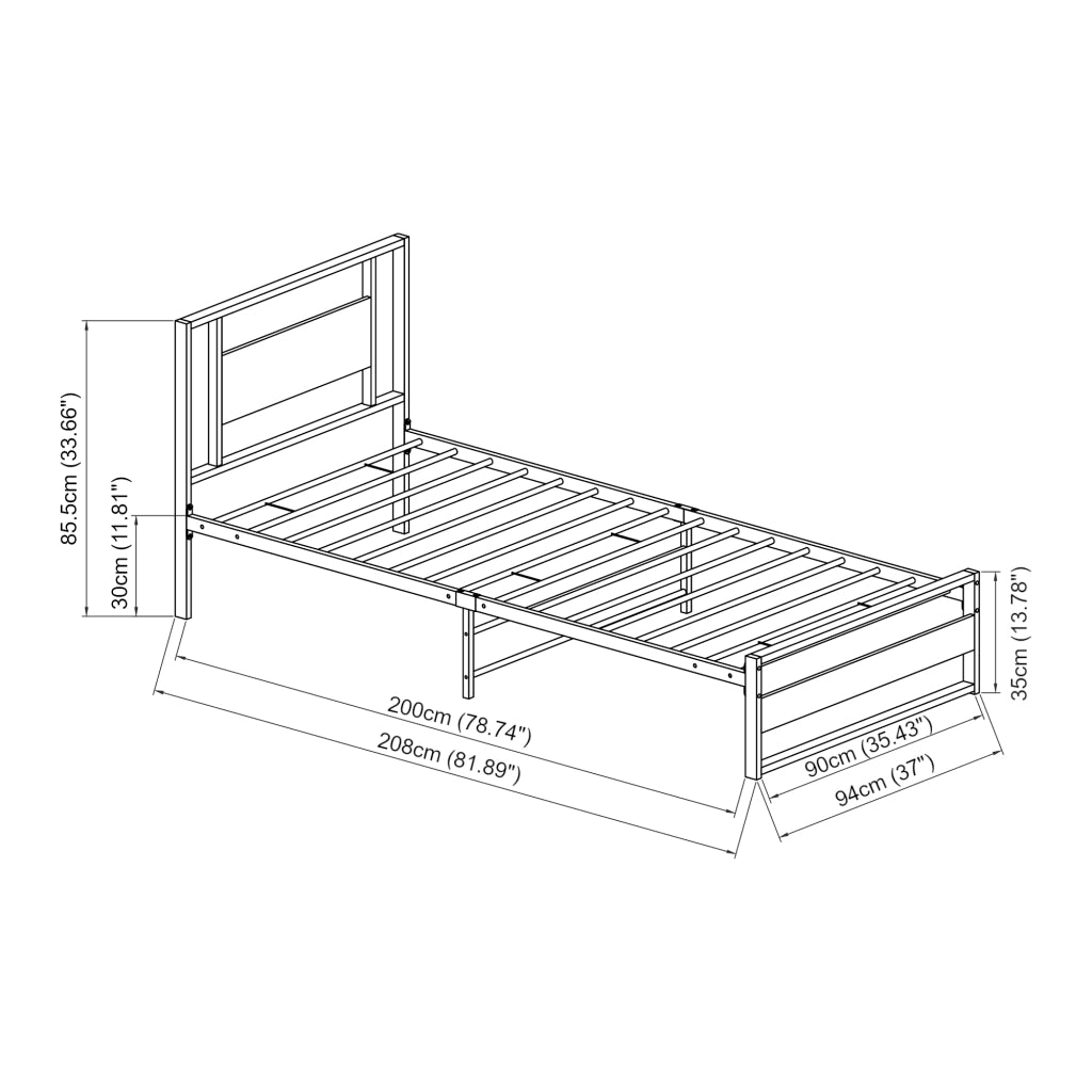 Letto in Acciaio con Materasso a Schiuma Fredda 200 x 90 cm Letto Singolo in Stile Moderno con Elementi Decorativi in Effetto Legno di Color Noce  - Struttura Nera