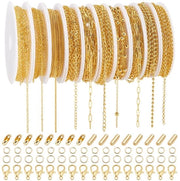 Catenella in acciaio inox dorato 25 m - 10 stili - Anelli a molla - Chiavi a gomito - Connettori - Adatto per la creazione di gioielli