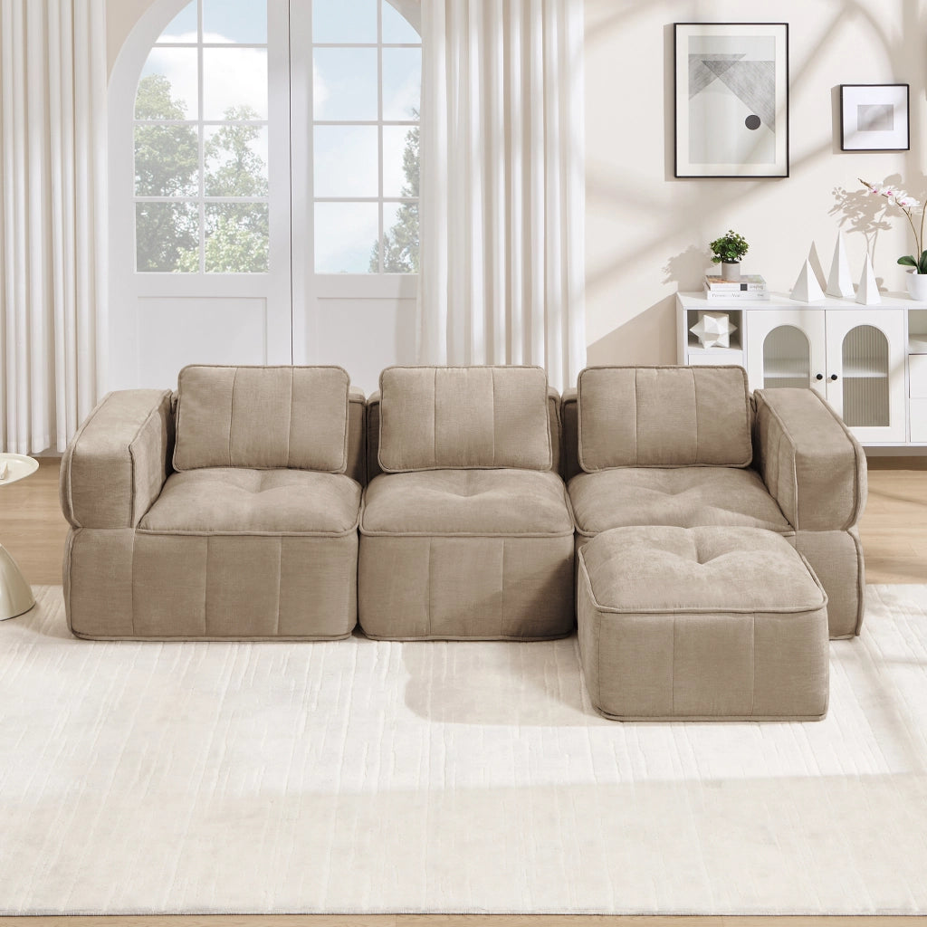 Divano modulare angolare senza struttura a 3 posti con pouf in poliestere sabbia per soggiorno 271 × 162 × 67 cm