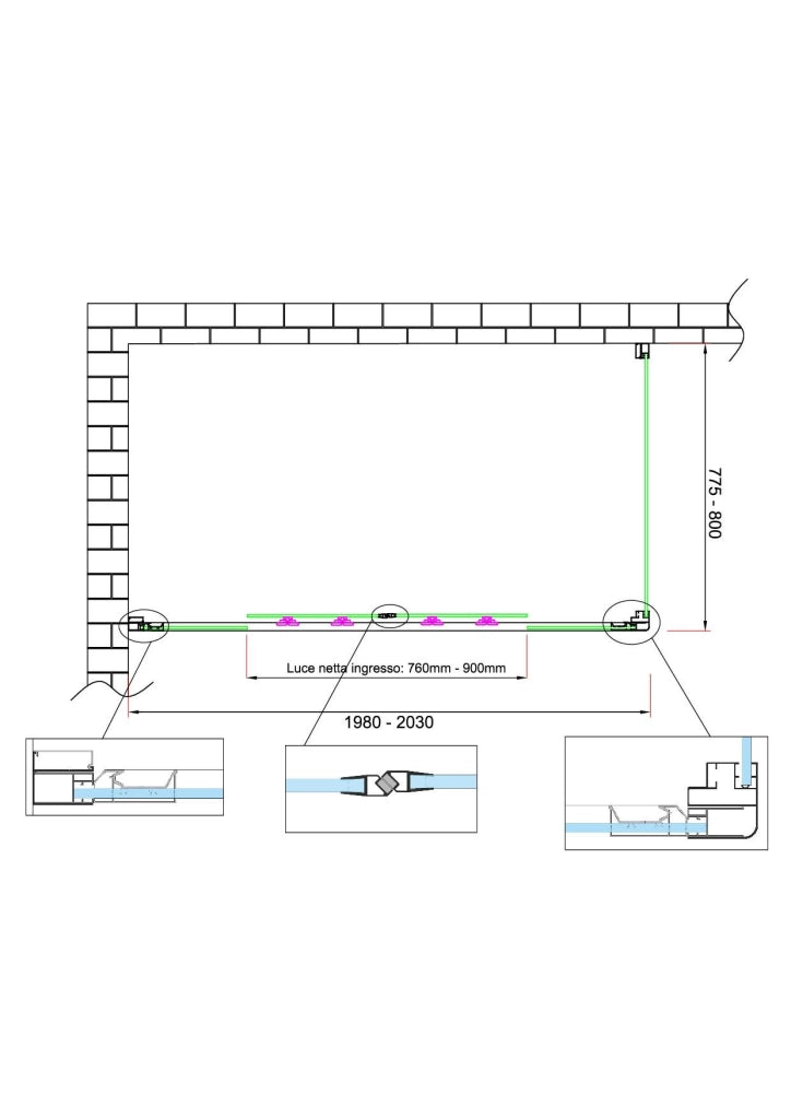 Box doccia 6 mm H 190 parete fissa e porta a 4 ante con apertura centrale MISURA 77,5-80 ANTA FISSA + PORTA 198-203