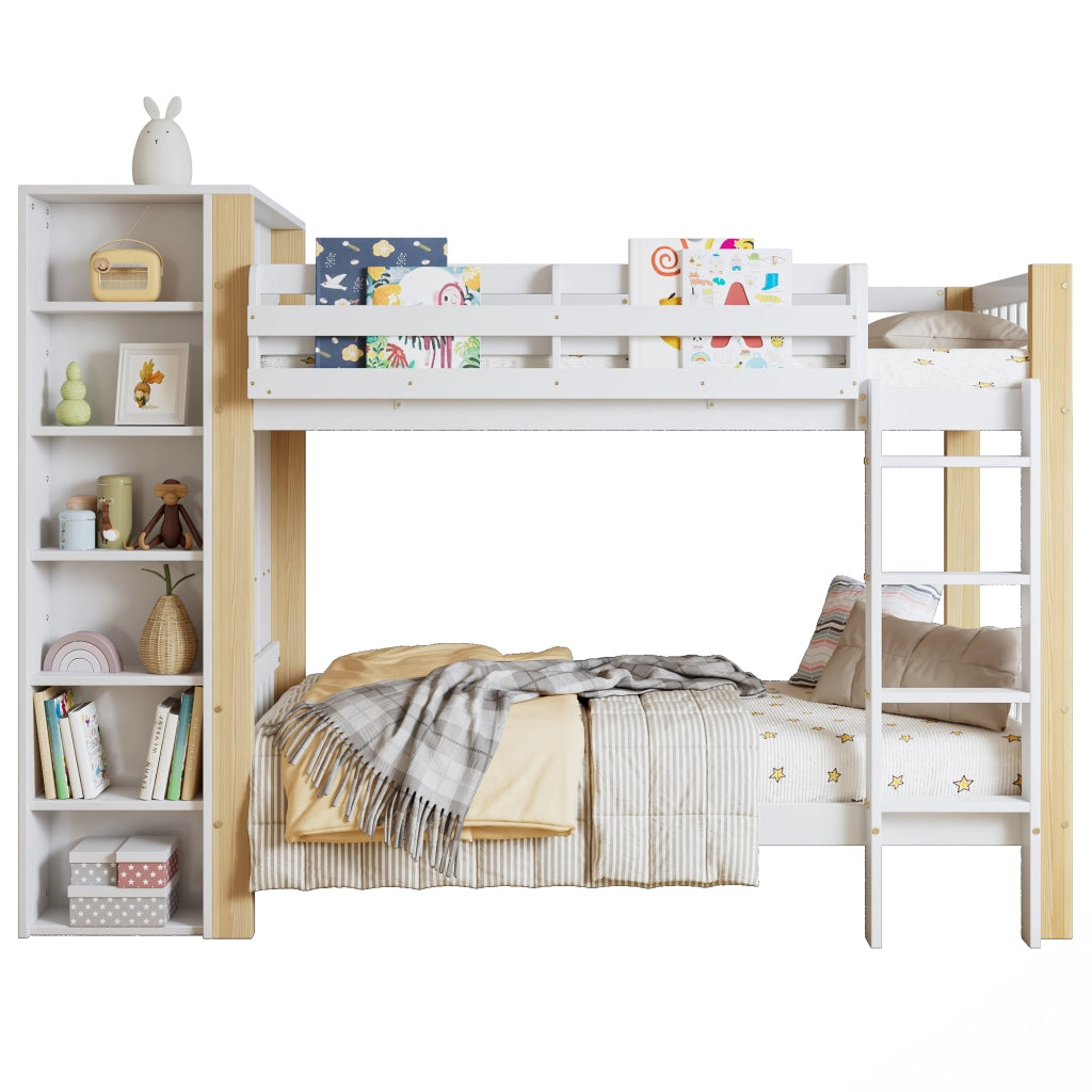 Letto a Castello 90x200 cm - 6 Ripiani; Armadio Laterale e Scala a 4 Gradini