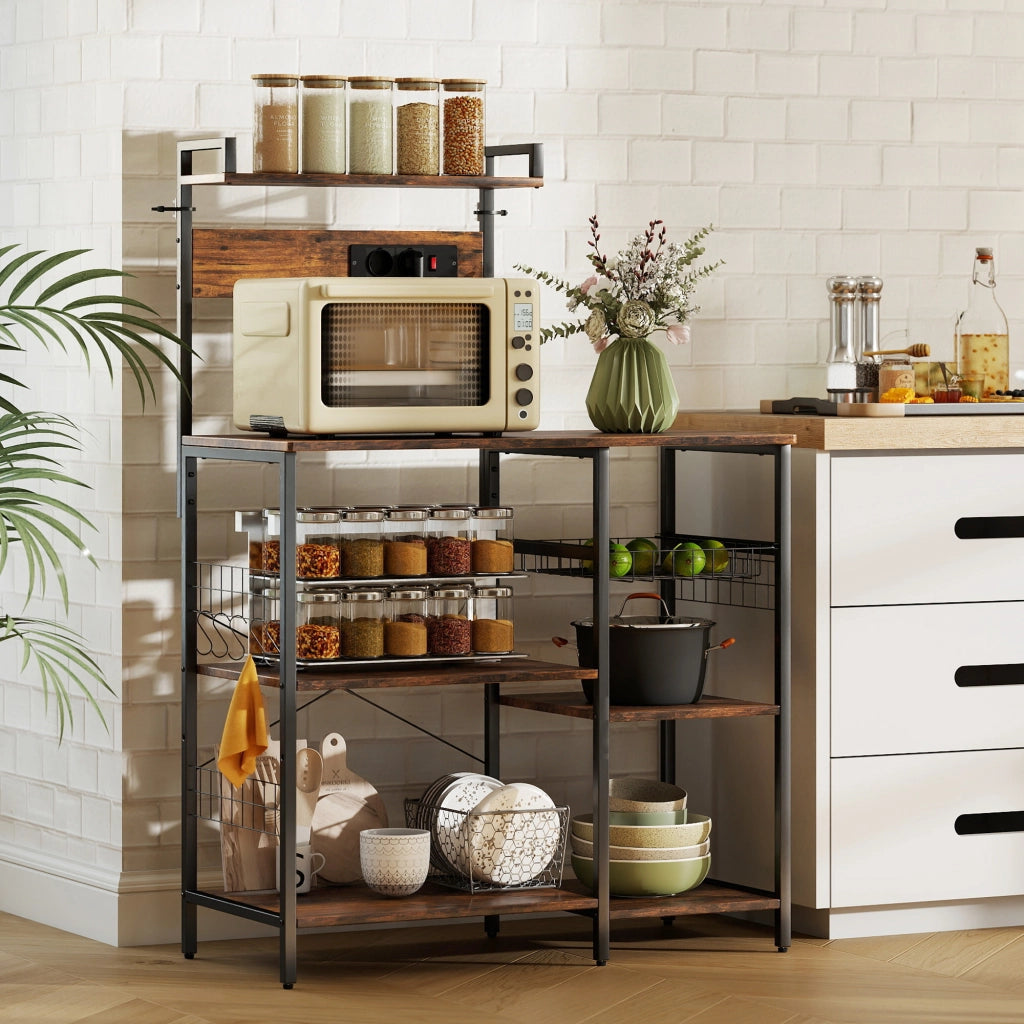 Scaffale da cucina con 2 prese, 5 ganci, 5 ripiani, cesto, rinforzi a X ¨C zephmum ¨C 90x42x130 cm