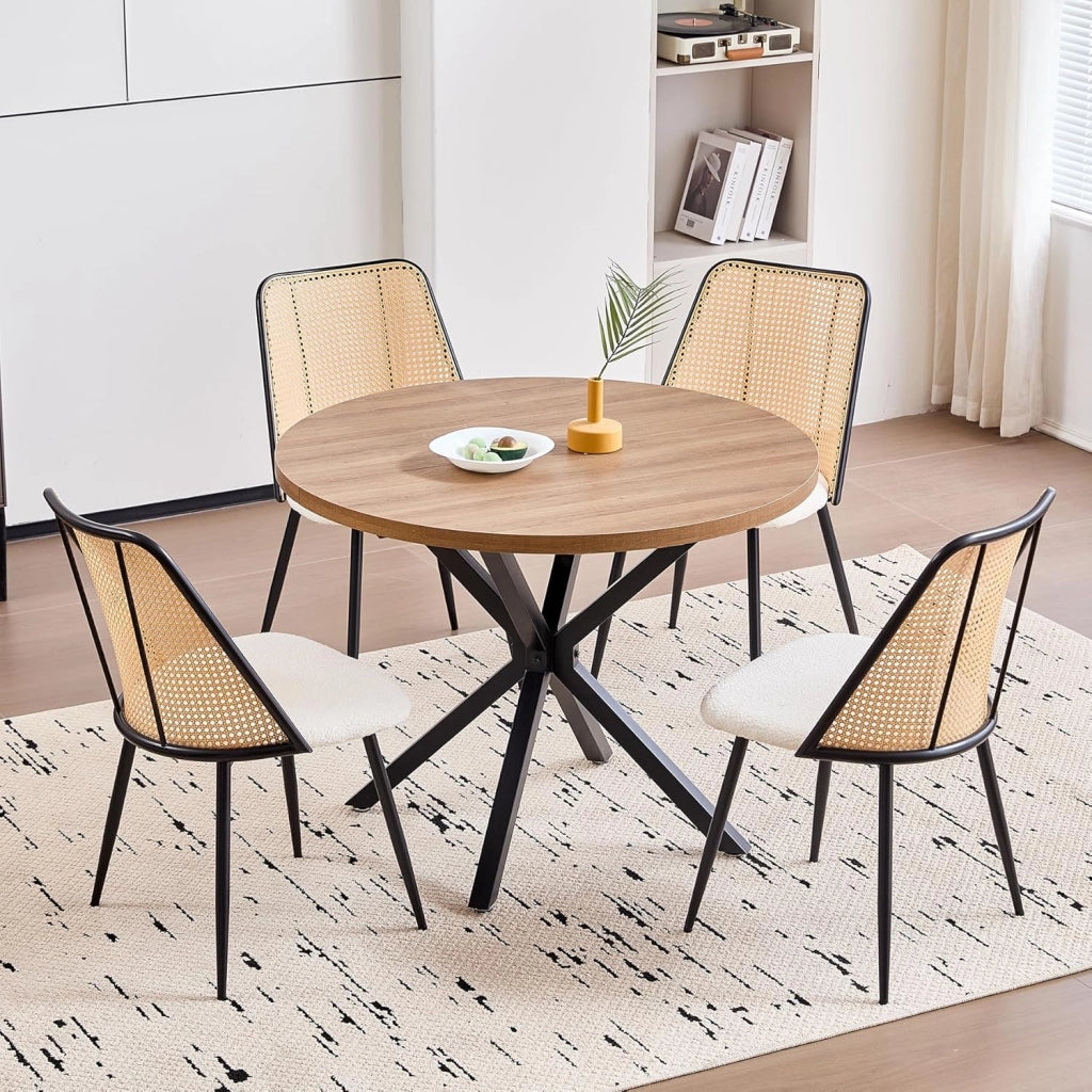 GrandCA HOME Set Tavolo e Sedie da Pranzo,Tavolo da Pranzo Quadrato da 140cm,4 Sedie Iimbottite in Rattan,sedie Imbottite in Rattan,Adatte Per Sala da Pranzo,Cucina e Soggiorno #02