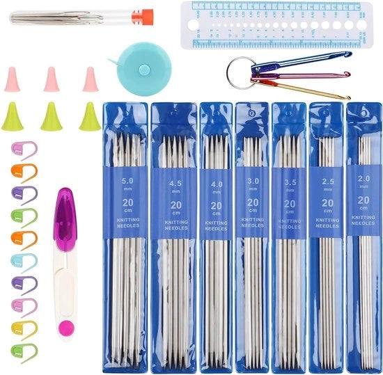 Set di aghi per calze 35 pezzi punta dritta 20-50 mm metallo aghi corti 20 cm per calze inclusi accessori