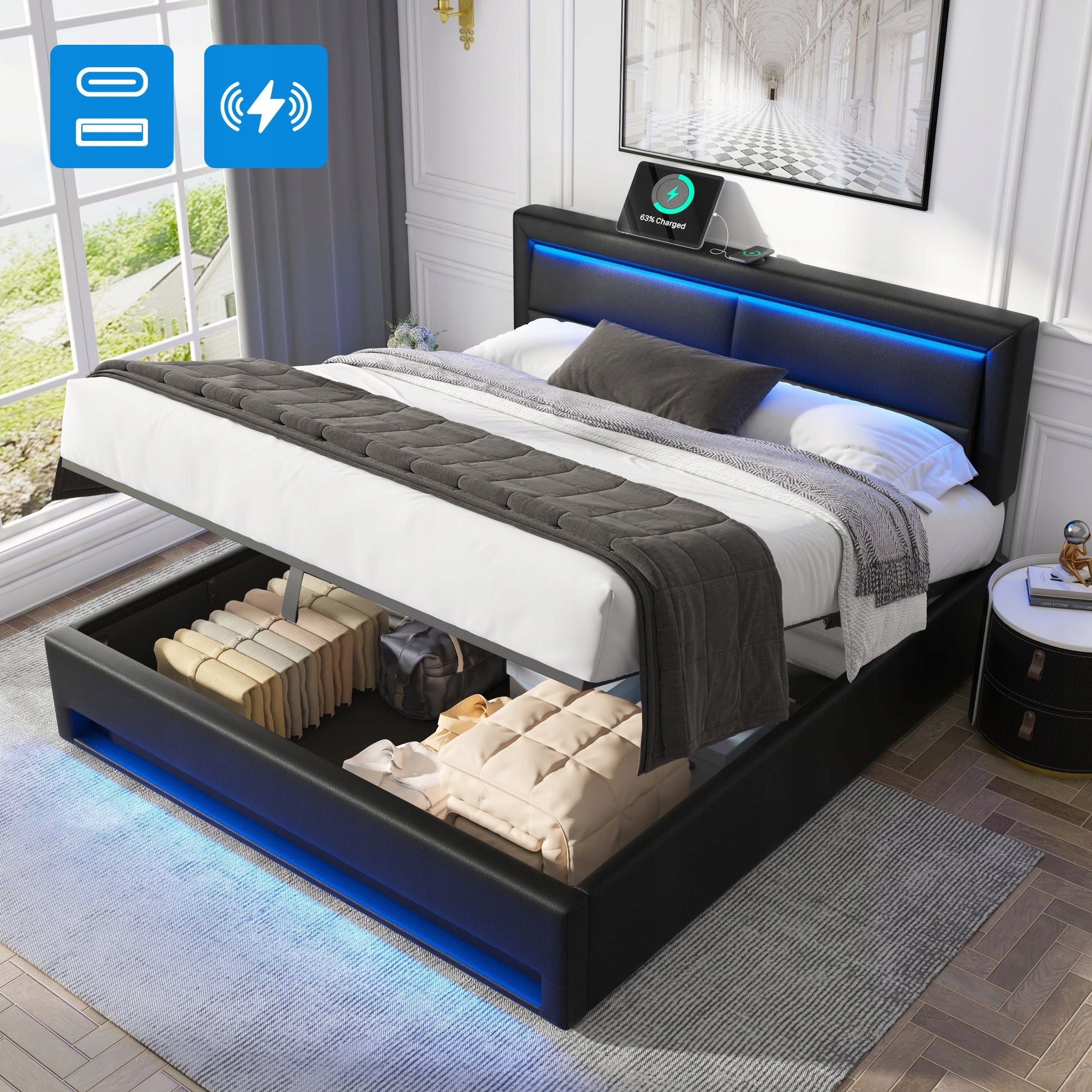 Letto singolo 140x200 - Xylo - USB, LED, nero PU