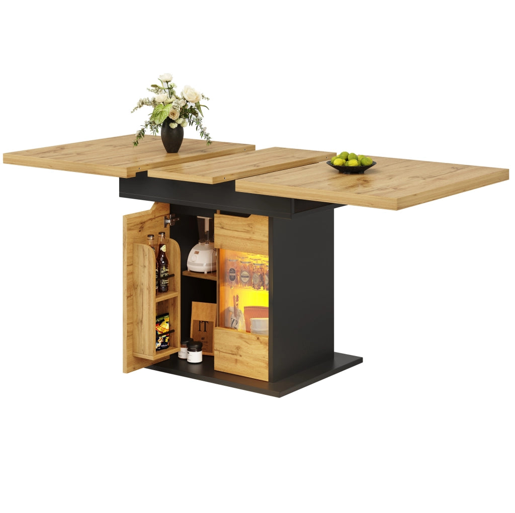 Tavolo da pranzo estensibile 110-140x80x76 cm con illuminazione LED e portaoggetti in MDF e vetro nero naturale