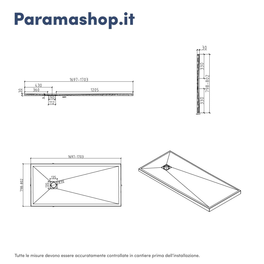 Piatto doccia rettangolare 80x170 cm in marmoresina bianco effetto pietra h3 cm | Milos