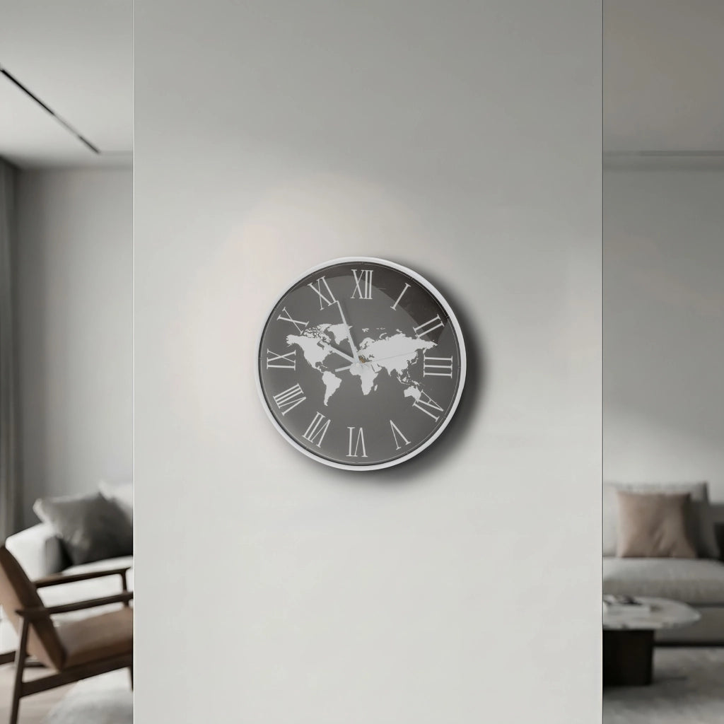 Orologio da Parete Mappamondo 30x30 cm Design Moderno con Numeri Romani Nero e Bianco Decorativo per Soggiorno Ufficio Camera e Studio