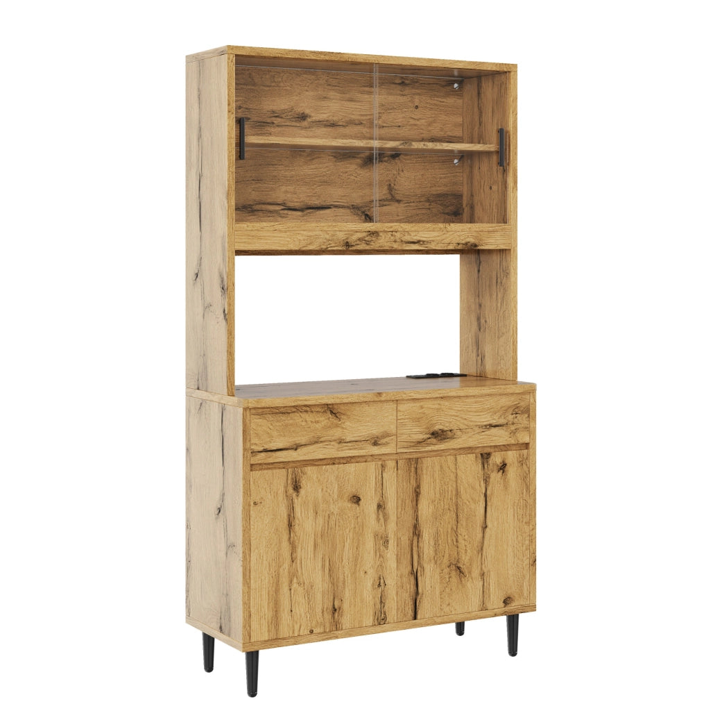 Credenza alta 100x40x185 cm rovere con LED, prese e ante in vetro
