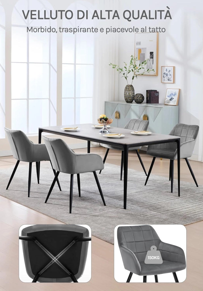 Sedia per Sala da Pranzo Imbottita, Poltroncina in Velluto,Sedia da Cucina con Braccioli e Schienale, Gambe in Metallo, moderne,Grigio Scuro, BH93dgr-1