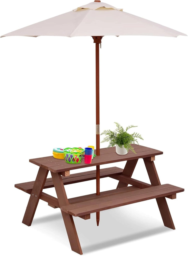 Tavolo da Picnic per Bambini con Parasole Pieghevole, Set di Tavolo e Panche per Giardino con Ombrellone Rimovibile, Panche in Legno, per Giardino, Cortile, Prato