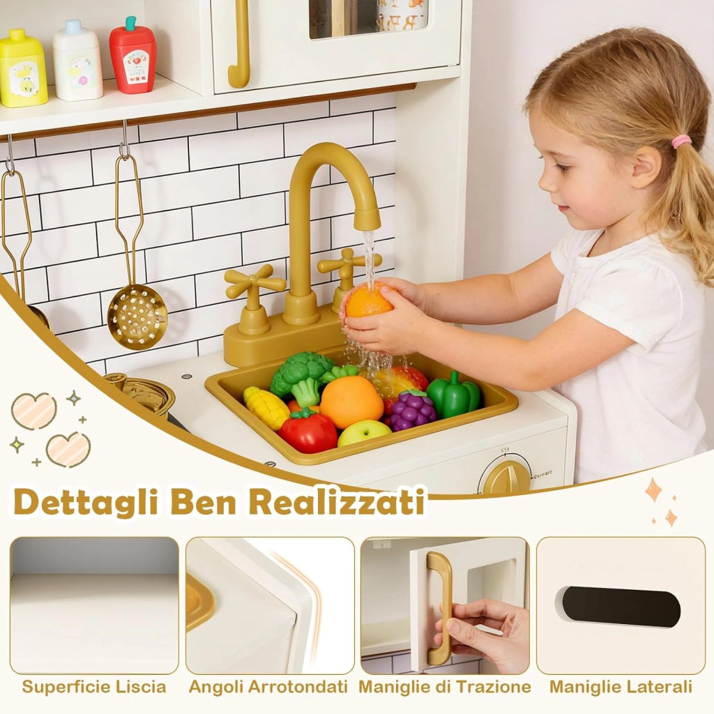 Cucina Giocattolo per Bambini, Set Cucina Gioco in Legno con Macchina per Ghiaccio, Caffettiera, Lavastoviglie e Accessori, Luci e Suoni, Regalo di Ruolo per Bambini 3+ Anni