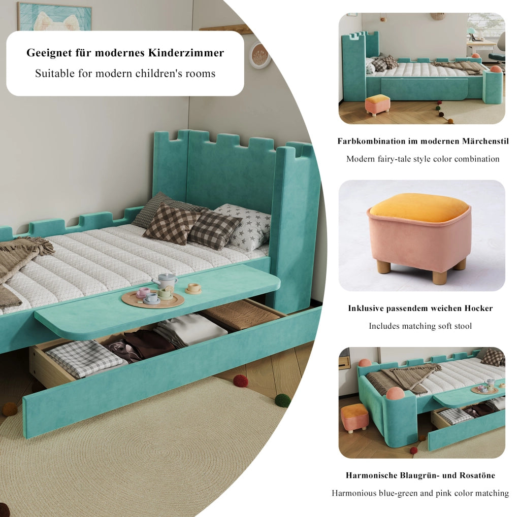Letto imbottito per bambini con vano laterale e cassetto contenitore