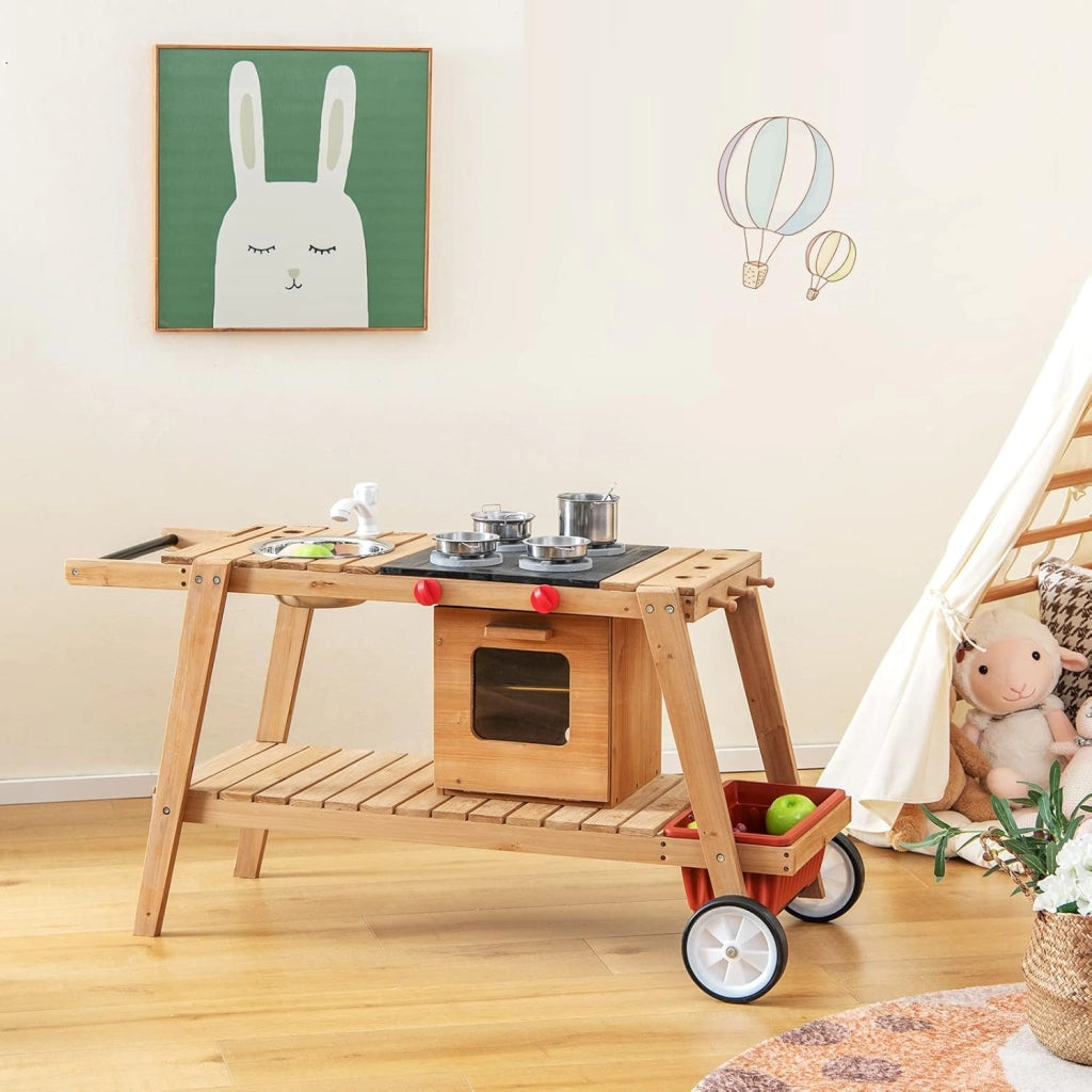 Cucina Giocattolo per Bambini, Cucina da Esterno in Legno con Ombrellone Antisolare e Ruote, Carretto con Stufa, Forno a Legna Simulato, Lavello e Utensili da Cucina, 3 Anni+ (Bianco)