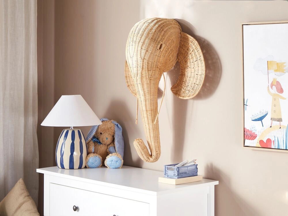 Decorazione da parete per bambini a forma di testa di elefante in rattan chiaro fatto a mano boho rattan accessorio stile industriale moderno