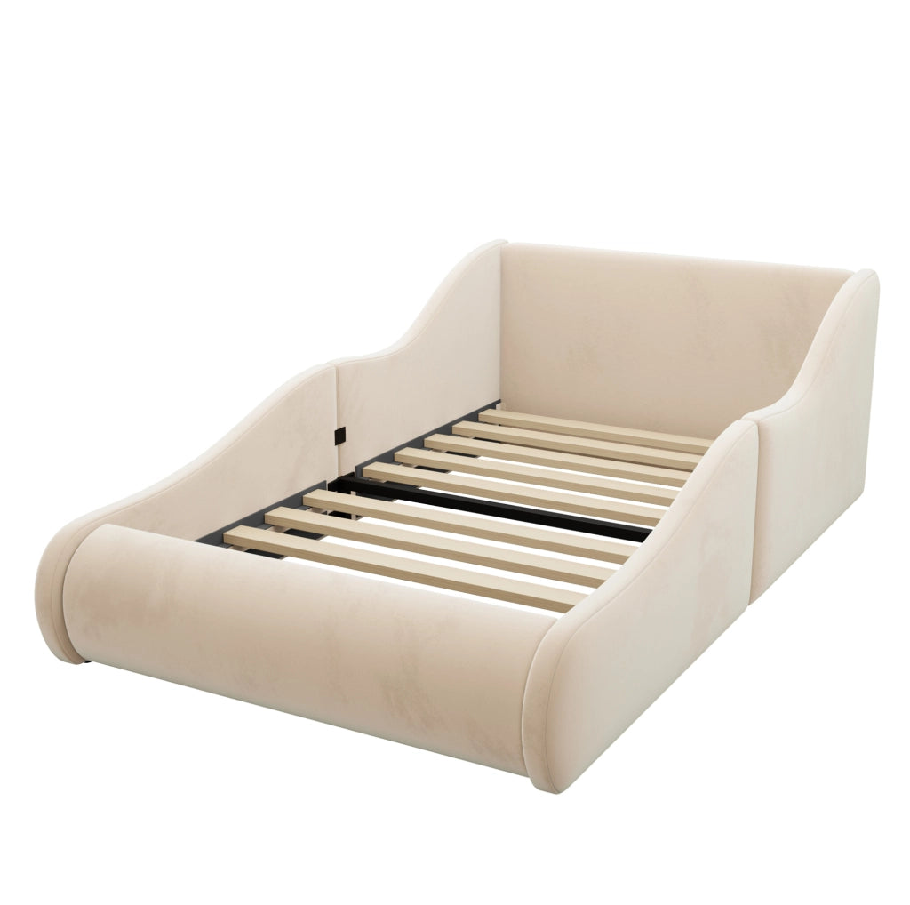 Letto per bambini 90x200 cm con testiera alta e sponde laterali in velluto beige