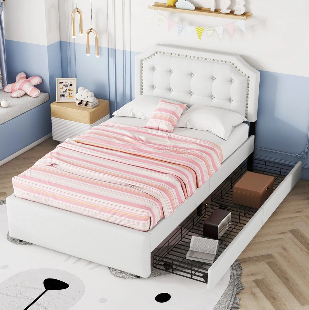 Letto imbottito 90x200 cm con cassetti; MDF e lino; beige chiaro