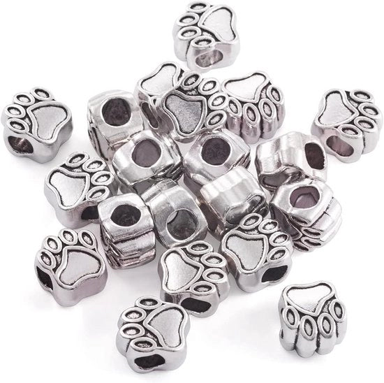 20 pezzi di perle europee con impronta di zampa - Perle grandi buchi per creare gioielli con tema zampa di cane - Argento antiquato - Pendente per collana, bracciale - Materiali per la lavorazione di gioielli DIY