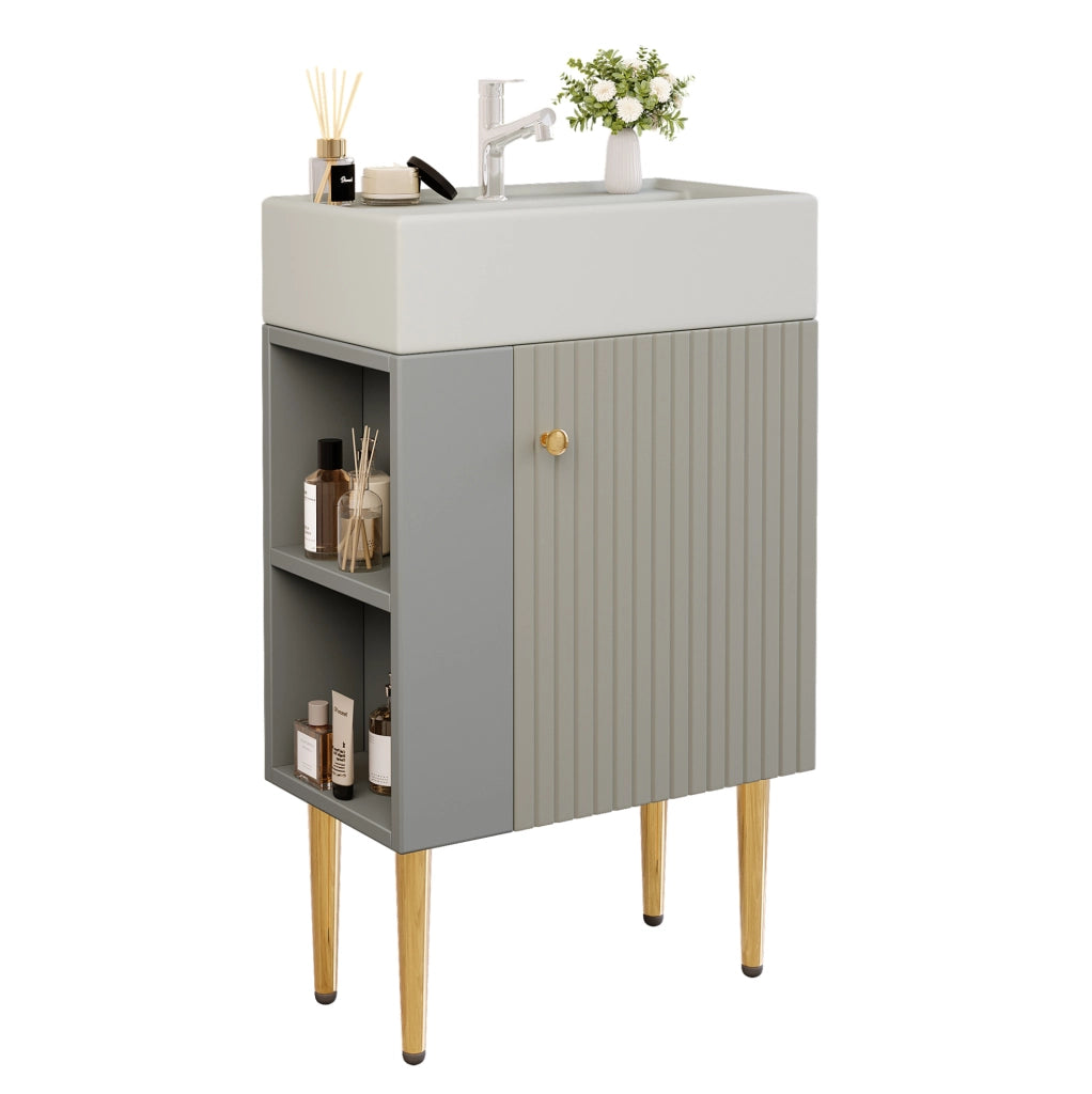 Mobile bagno con lavabo e armadietto 68;5 cm; design a pavimento; grigio e bianco