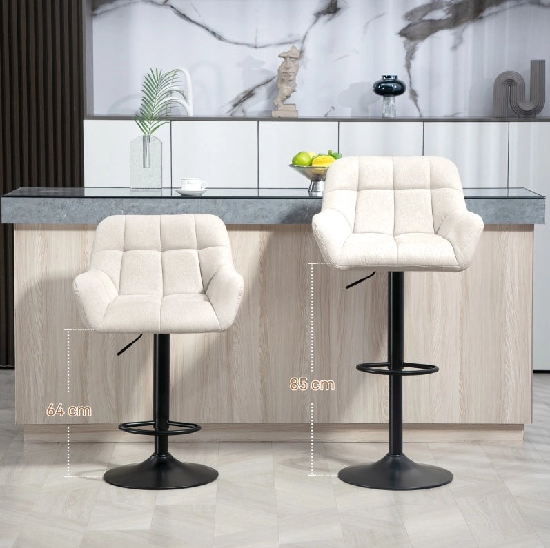 Set 2 sgabelli da bar girevoli e regolabili in altezza, effetto lino, crema e nero