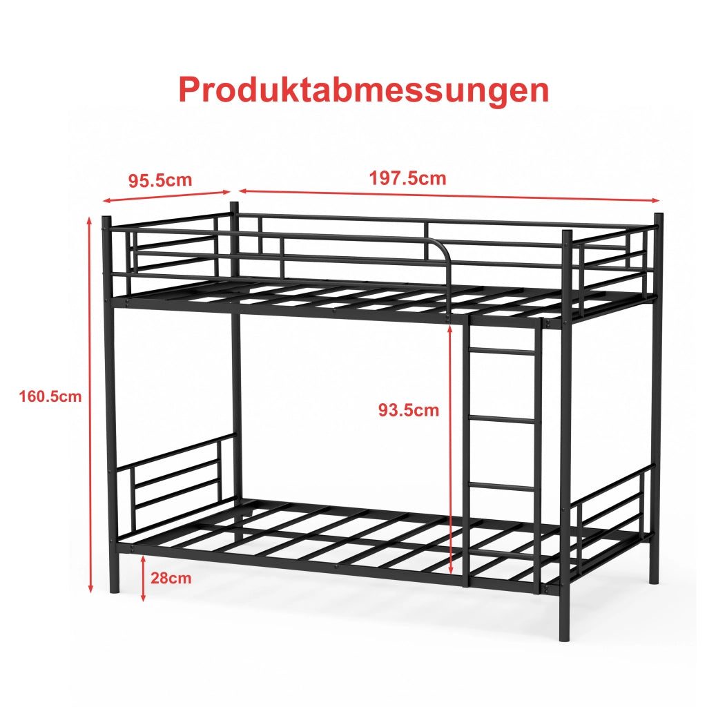 Letto a castello 90 × 190 cm con scala e barriera di sicurezza, senza materasso, in acciaio, nero