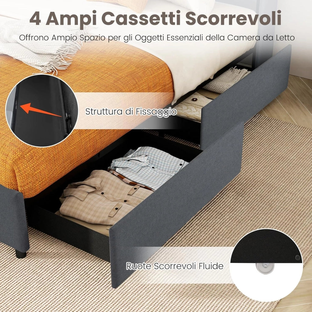 Letto Matrimoniale 140 x 200 cm, Letto Imbottito con Testiera, Luci LED, Stazione di Ricarica, 2 Tasche e 4 Cassetti, Carico 500kg, Silenzioso