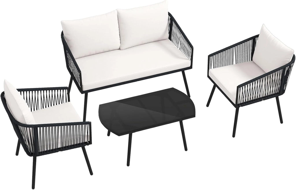 Set di mobili da giardino 4 pezzi, 1 divano, 2 poltrone e 1 tavolino da salotto con cuscini, tavolo con piano in vetro temperato, set di conversazione per patio, balcone