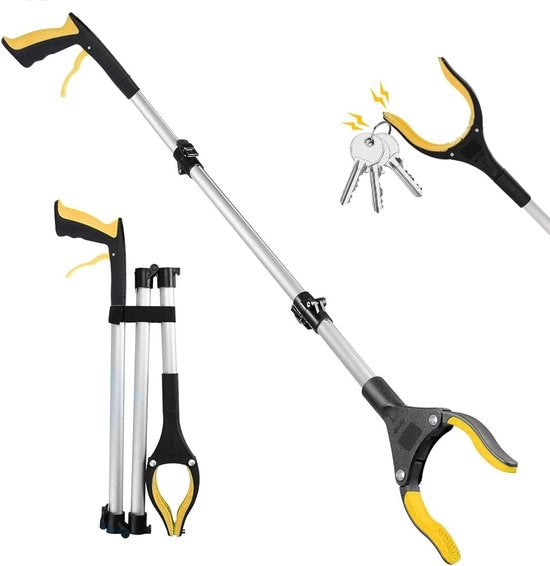 Gancio Premium Opvougbile per Anziani con Testa Rotativa 360° - 109 cm Lungo - Gancio Multifunzionale - Attrezzo per Raccogliere Rifiuti con Punti Magnetici - Giallo - Utensile di Aiuto Pratico per Anziani