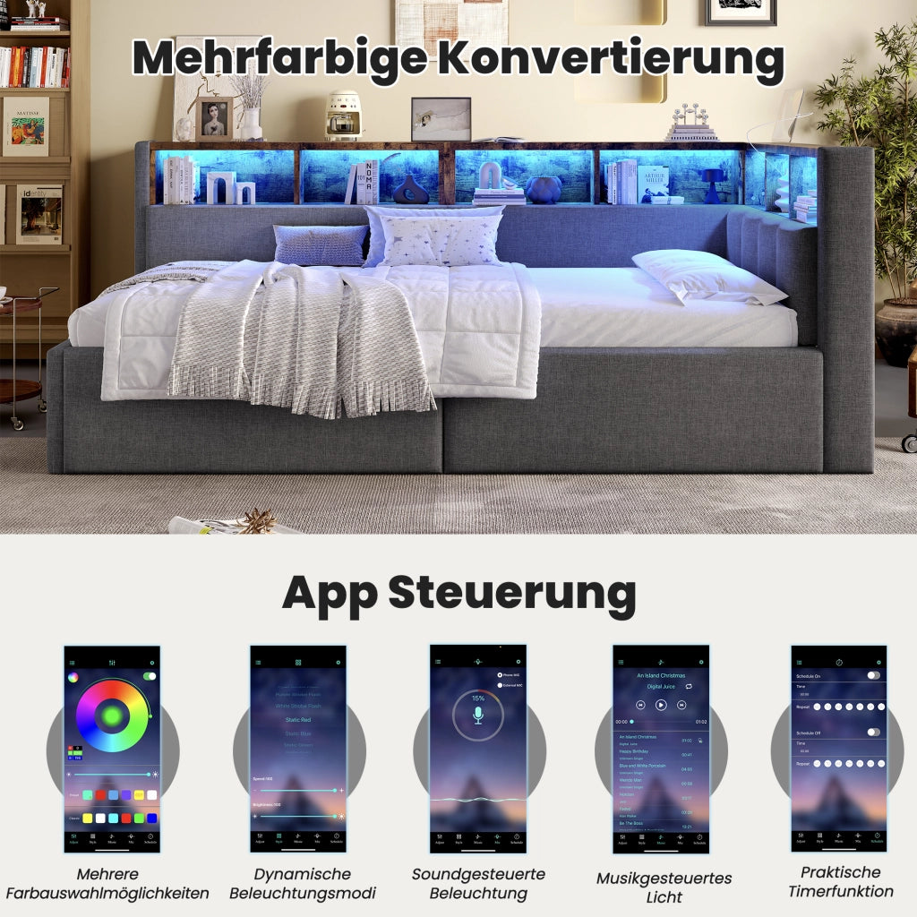 Letto singolo 90×200 cm con USB; tipo C; LED e vani portaoggetti; senza materasso; lino; grigio